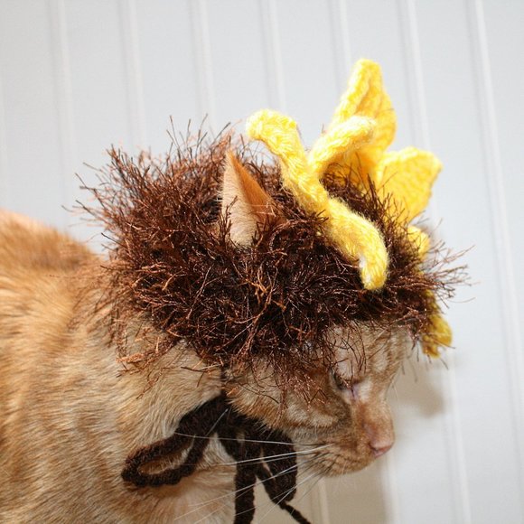 HAND CRAFTED Floral Sunflower Cat Hat Crochet Hairy Wig Costume Photo Prop - Picture 3 of 12